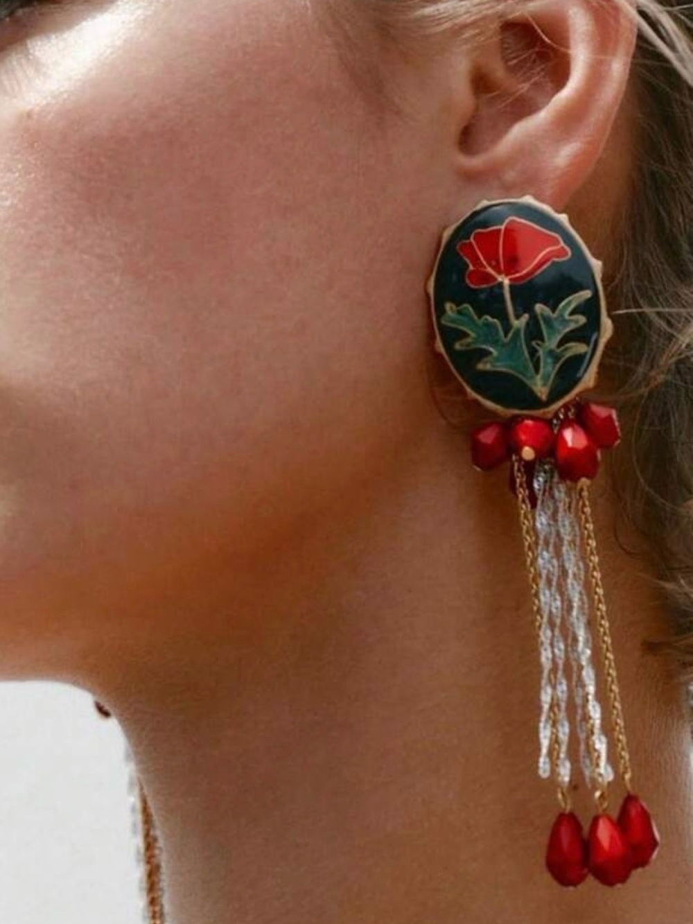 Gold-Tone Red Floral Drop Earrings with Cascading Chains zara style